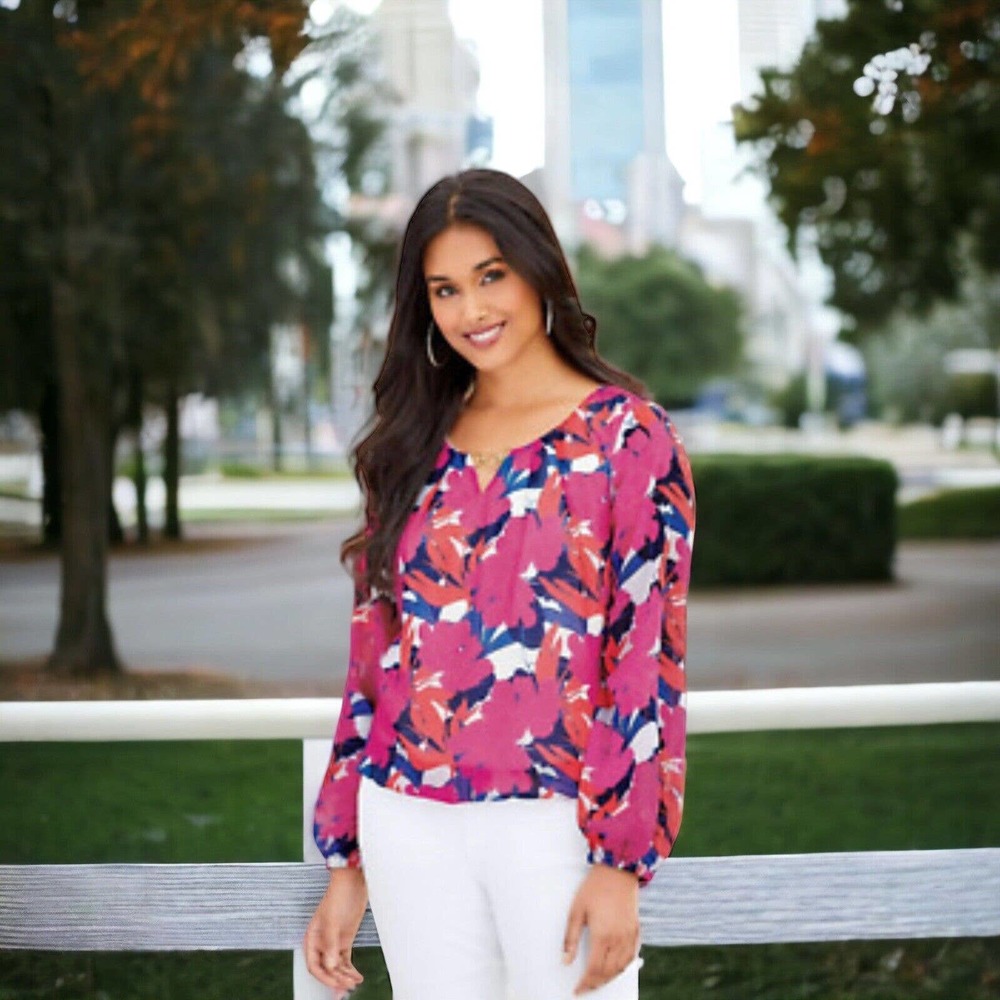 Monroe & Main Chiffon Overlay Pink Floral Blouson Career Dinner Party Guest Top - Picture 16 of 16